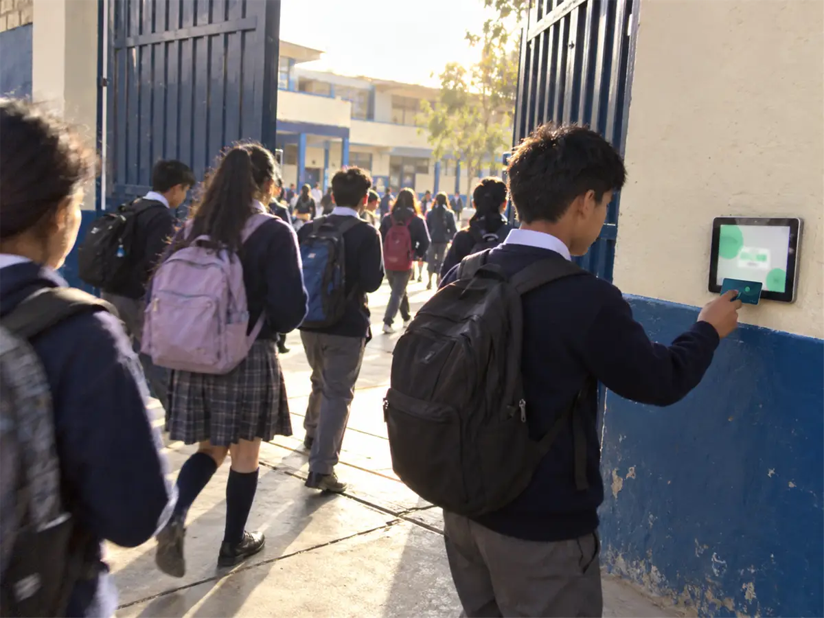 Un alumno marca con su tarjeta Qiwo en la tablet de la puerta y sigue caminando