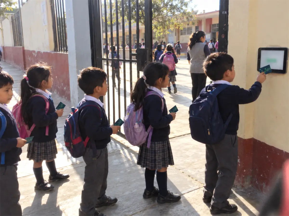 Alumnos de primaria marcan su entrada acercando su tarjeta Qiwo a la tablet de la puerta